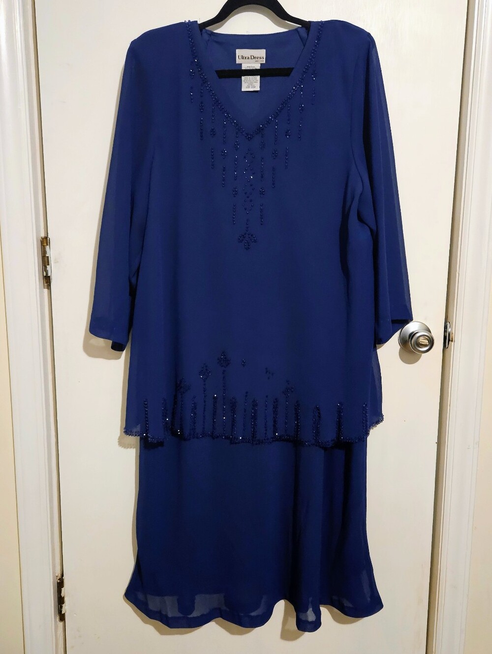 Ultra Dress New York Blue Beaded Sheer Sleeve Dress Women's 24W Evening Formal
